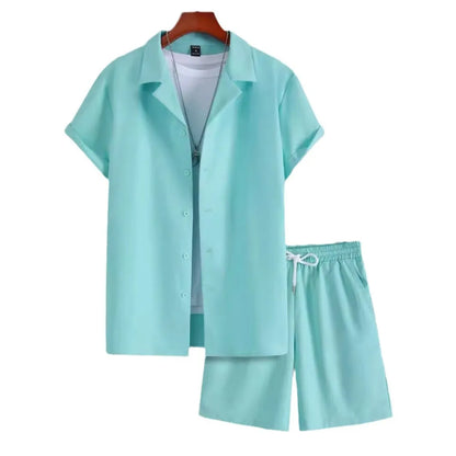 Men's short sleeve Cuban collar sport suit set with matching polyester shorts in multiple colour options