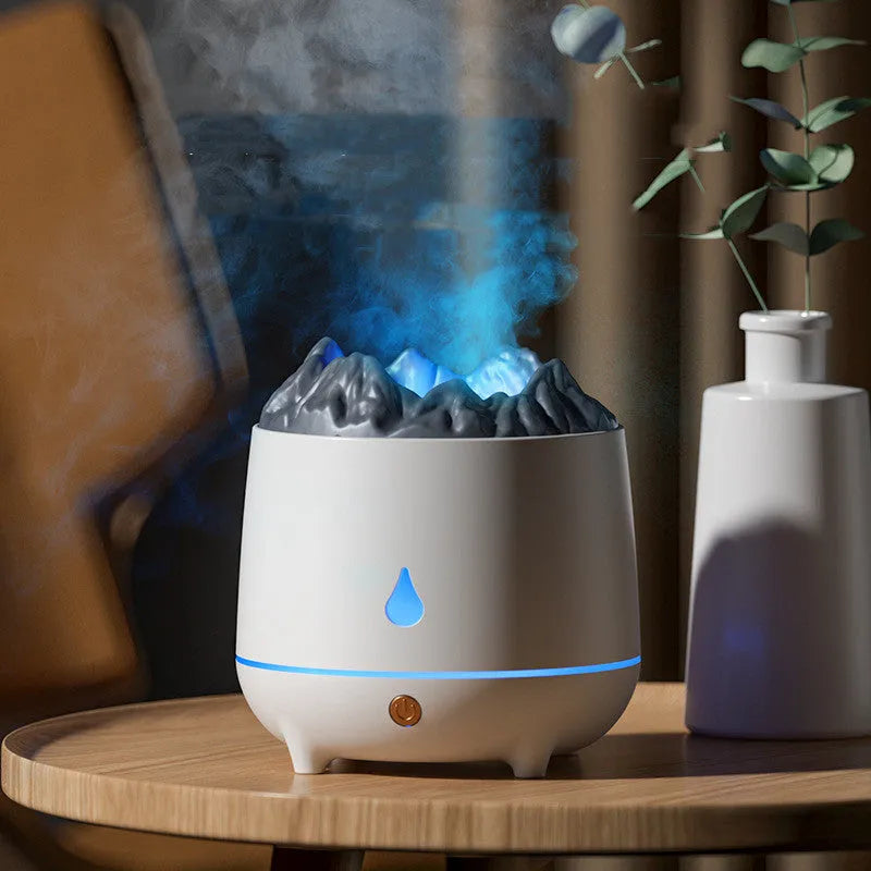 Volcano-shaped white ultrasonic humidifier with mist output on wooden surface