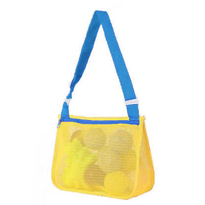 Blue children's drawstring travel storage bag made of nylon mesh for organising toys and clothes.