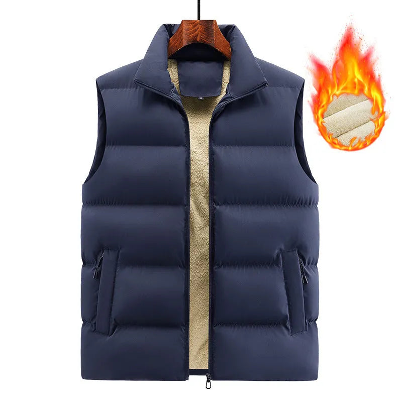 Men's striped lambswool vest in black, shown on a hanger.