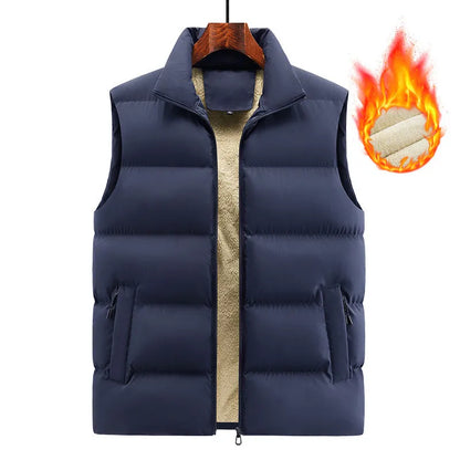 Men's striped lambswool vest in black, shown on a hanger.