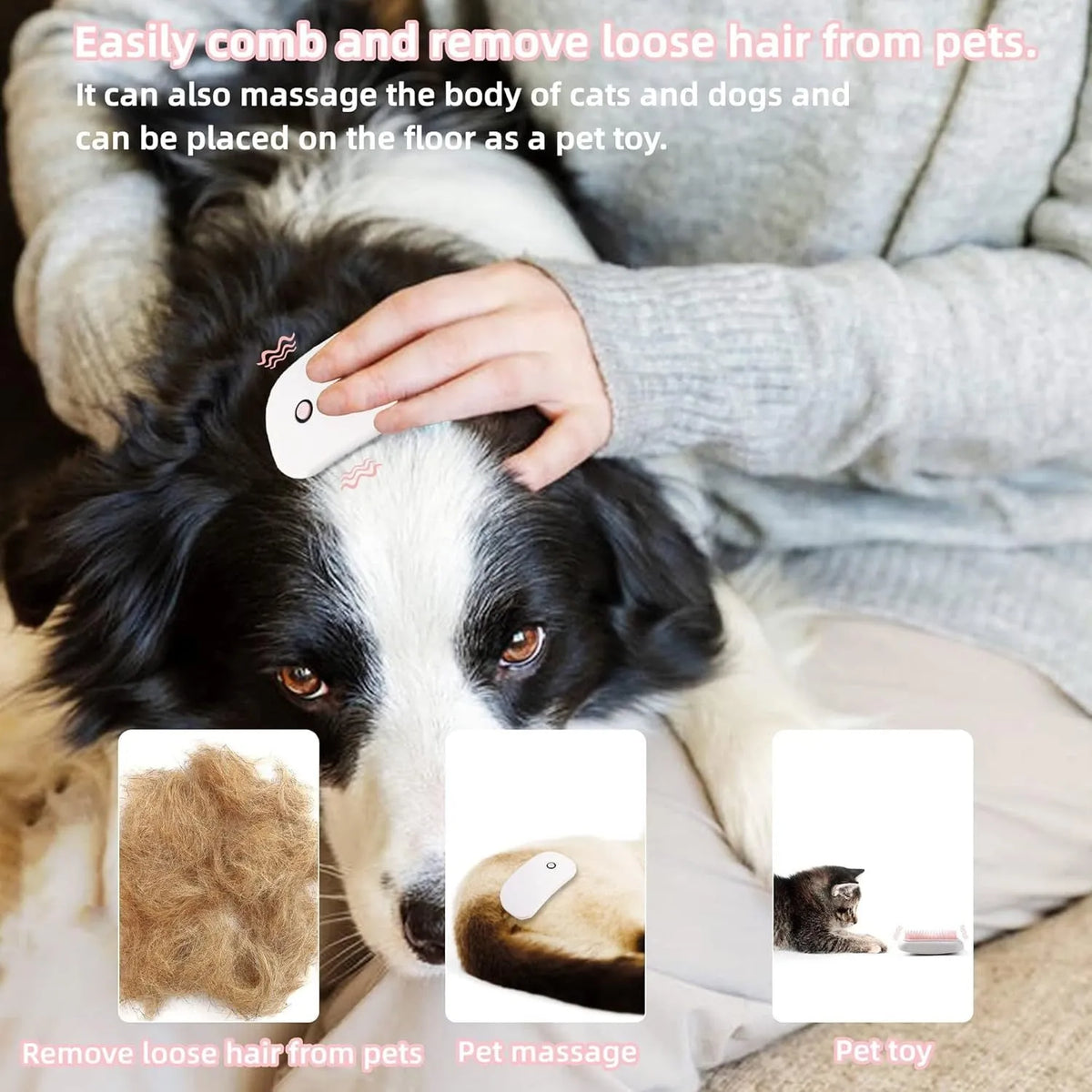 Fuigarry pink handheld electric pet grooming brush with soft TPE teeth on a white background