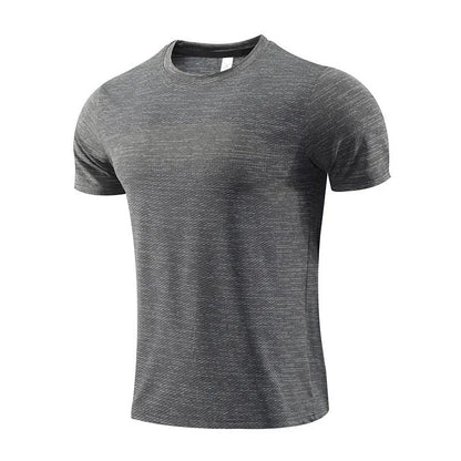 Man wearing a red short-sleeve polyester sports t-shirt for running or basketball workout.