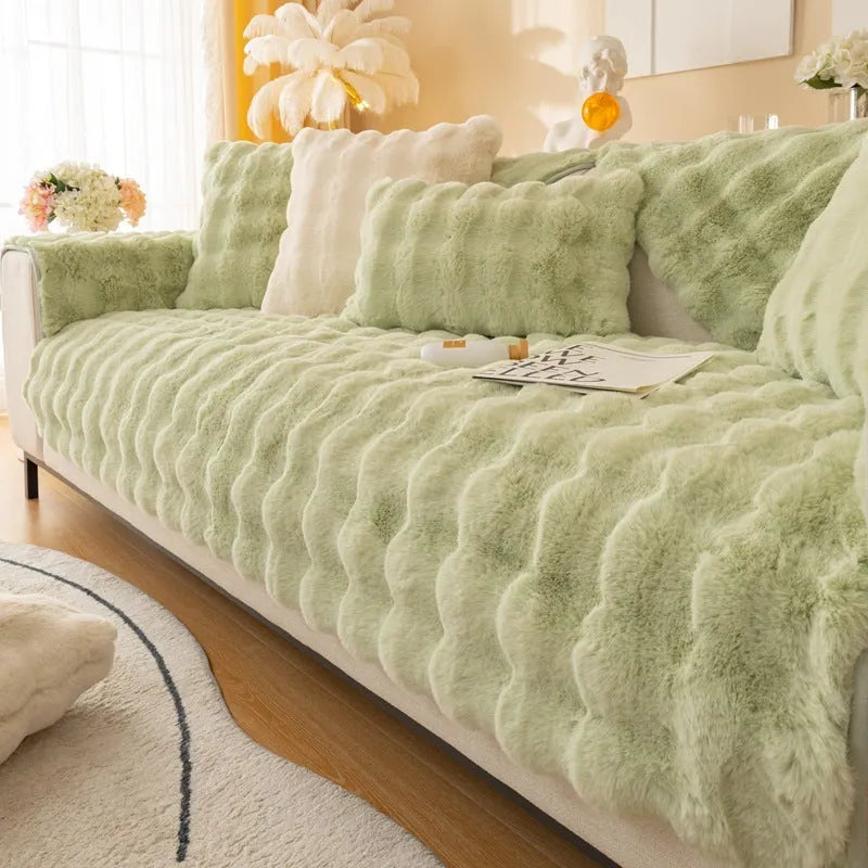 Modern solid colour sofa cushion with thickened bubble rabbit hair plush fabric on a combination sofa.