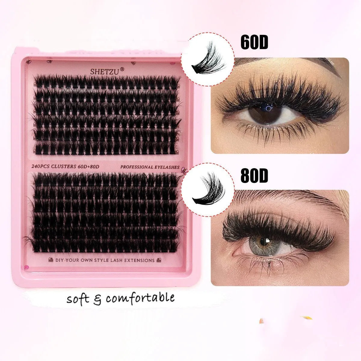 Set of thick, segmented false eyelashes in feather style showing 60D and 80D density options.