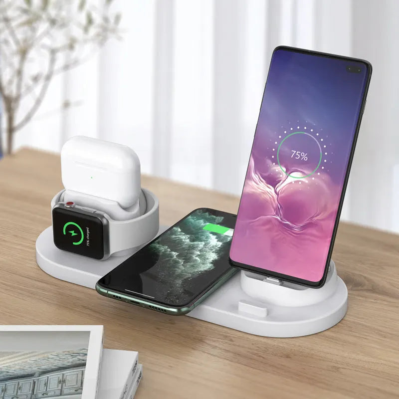 Black 6-in-1 wireless charging station with phone in holder, AirPods case, and smartwatch on charging spots.