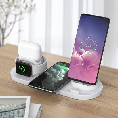 Black 6-in-1 wireless charging station with phone in holder, AirPods case, and smartwatch on charging spots.
