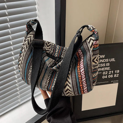 Women's ethnic style canvas crossbody dumpling bag in multiple colours with decorative sewing thread details