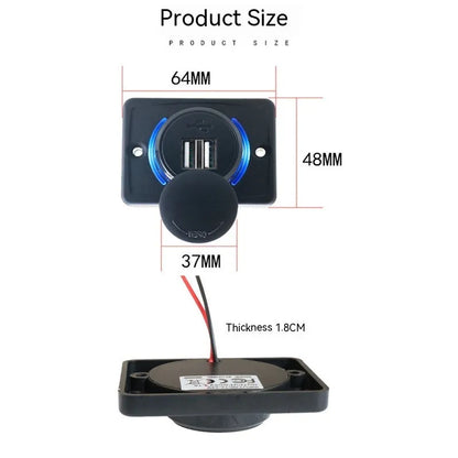 Black dual-voltage USB car charger with screw mounts for 12V and 24V vehicle systems