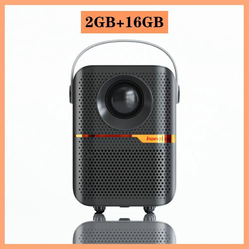 Black P10 2023 mini portable LCD projector with Android OS on a wooden table.