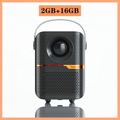 Black P10 2023 mini portable LCD projector with Android OS on a wooden table.