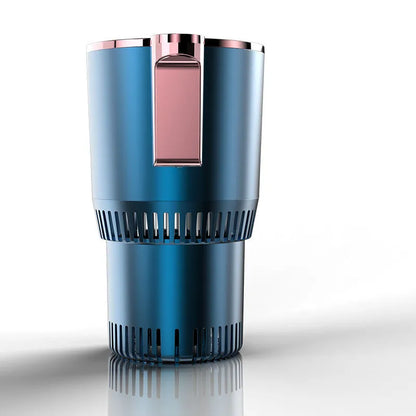 Black 12V car heating and cooling cup with digital display in a vehicle cup holder.