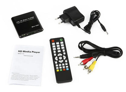 1080p Full HD media player in black metal case with SD card slot, USB port and HDMI output