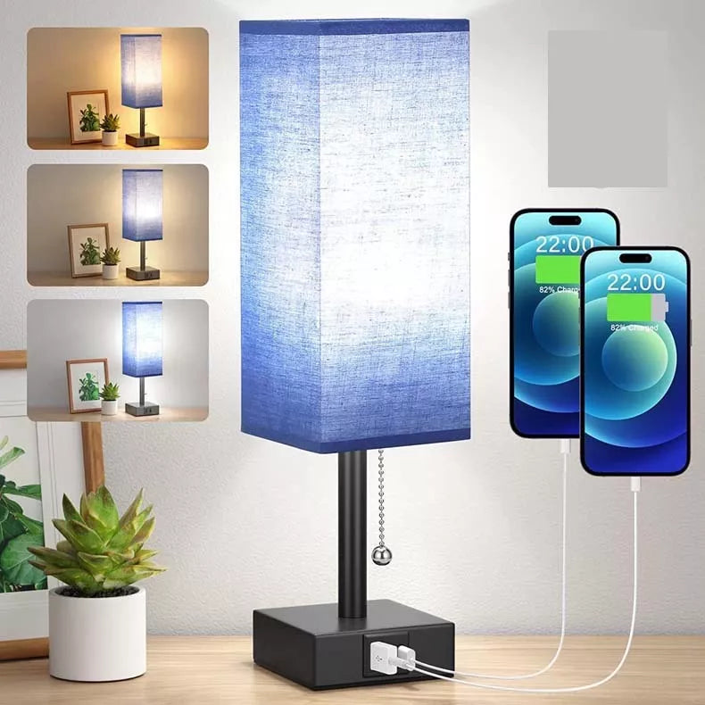 Bedside table lamp with adjustable brightness and USB ports in various colours