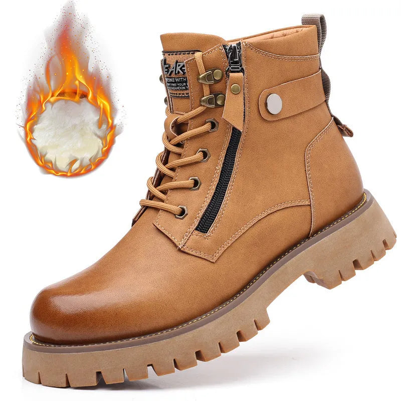 Men's brown high-top leather boots with side zipper, 3-5cm heel, and non-slip sole for winter wear