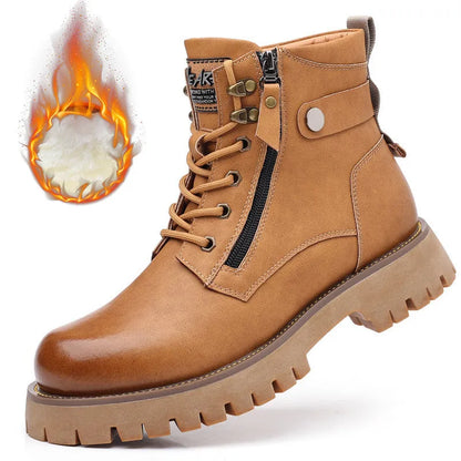 Men's brown high-top leather boots with side zipper, 3-5cm heel, and non-slip sole for winter wear