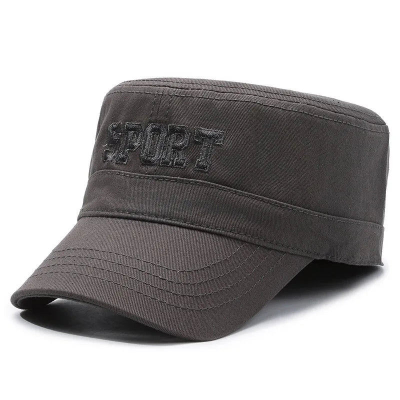 Men's adjustable cotton flat-top peaked cap in army green with dome crown and English letter detailing