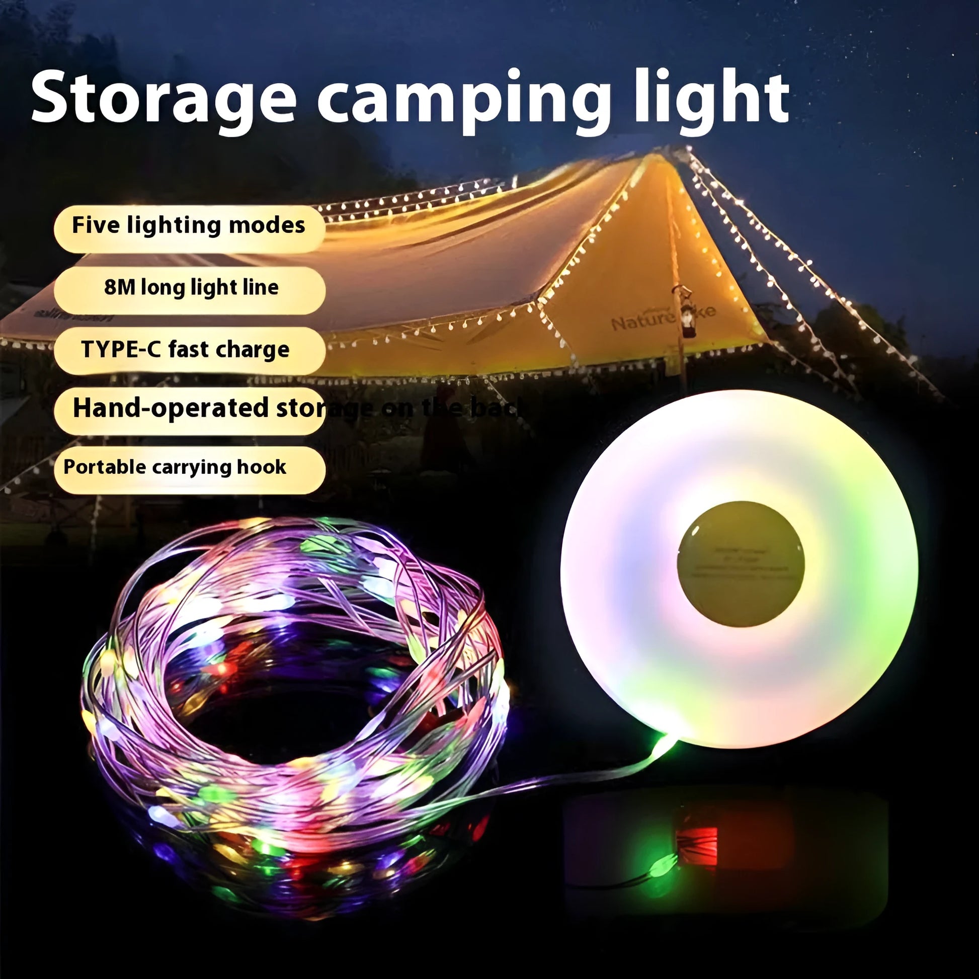 Rechargeable outdoor tent string with 30 LED beads measuring 8 metres in length