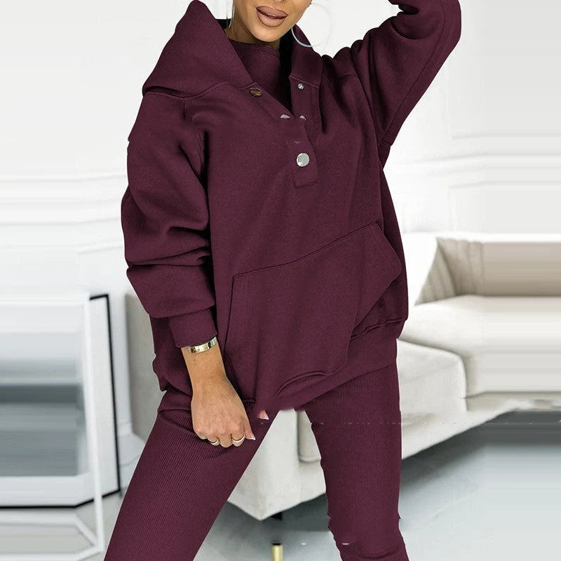 Women's 3-piece sports suit with hooded sweatshirt, vest, and slim trousers in various colours