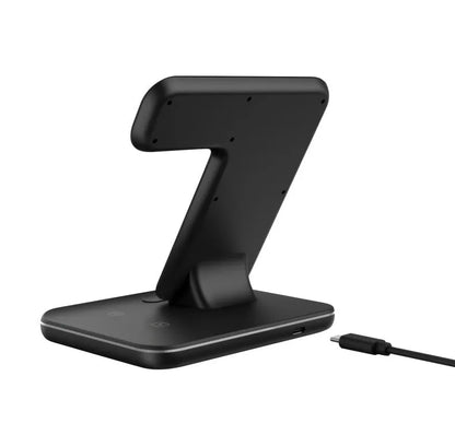 Three-in-one 15W wireless charging stand for mobile phone, smartwatch and earbuds in black
