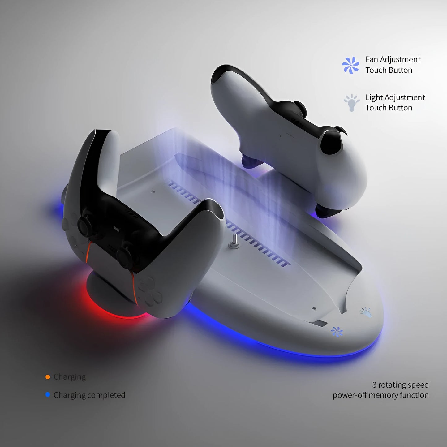 White PS5 Slim multi-function charging dock with cooling fan and RGB ambient lighting.