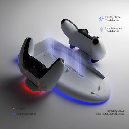 White PS5 Slim multi-function charging dock with cooling fan and RGB ambient lighting.