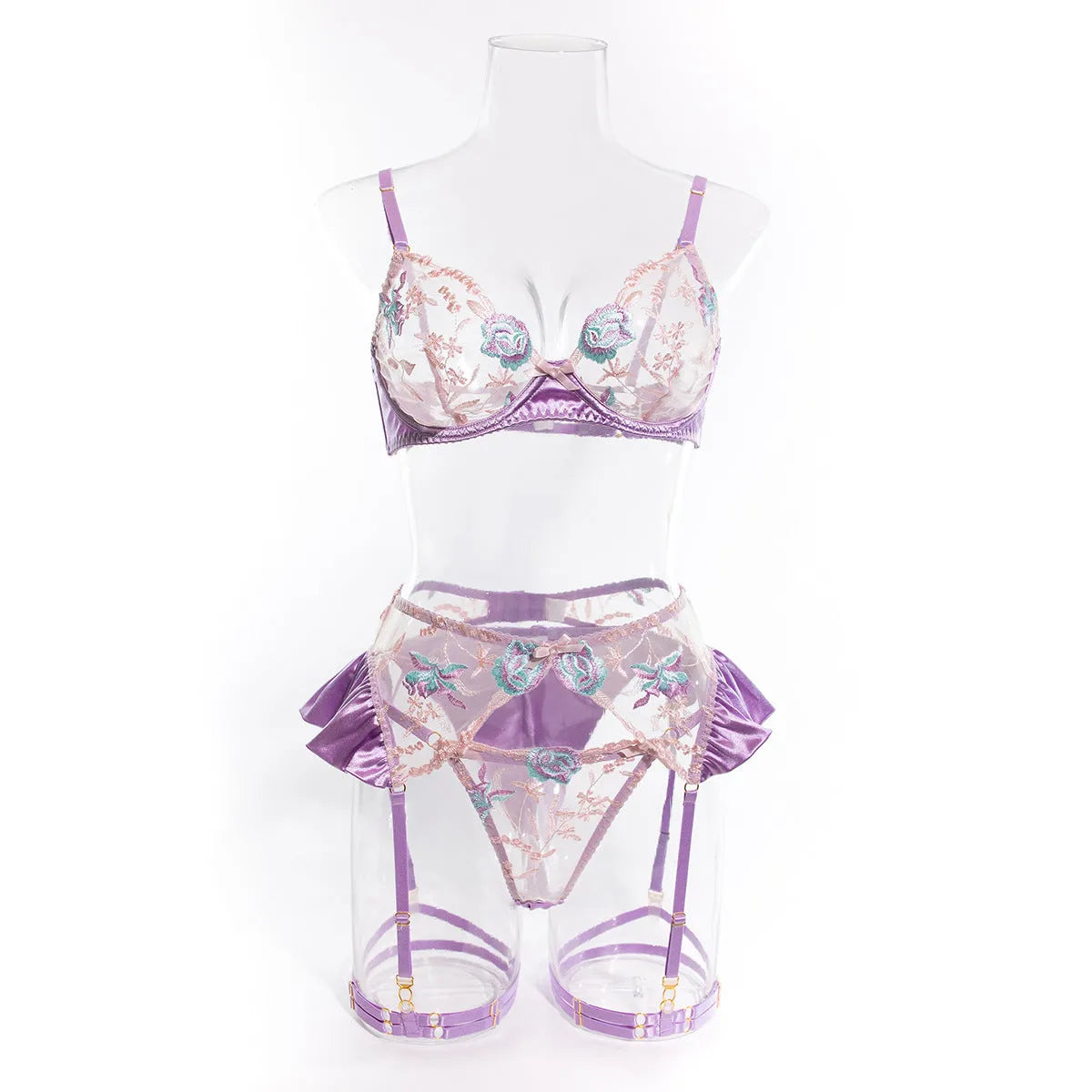 Light purple satin four-piece lingerie set with embroidery, shown with champagne colour option.