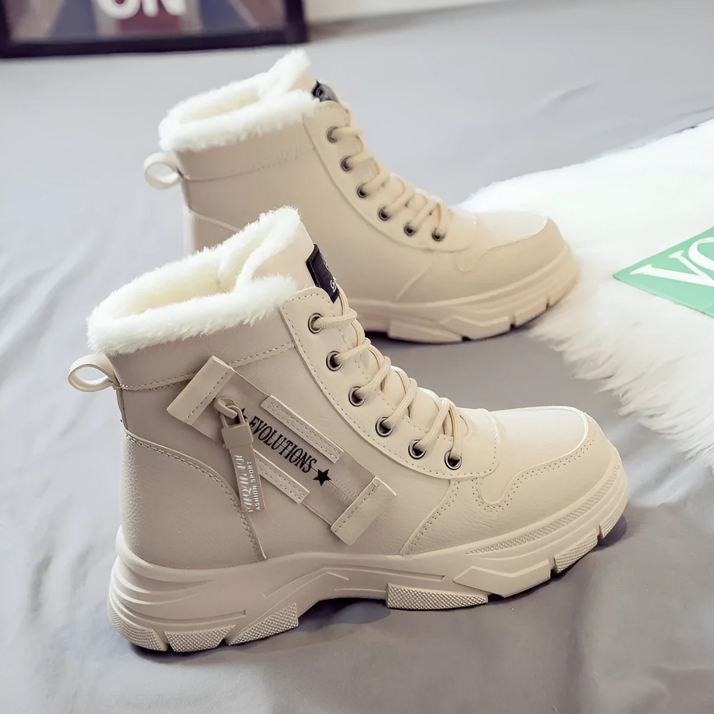 Women's plus size fleece-lined snow boots in tall crown design with mid heel and lace-up front