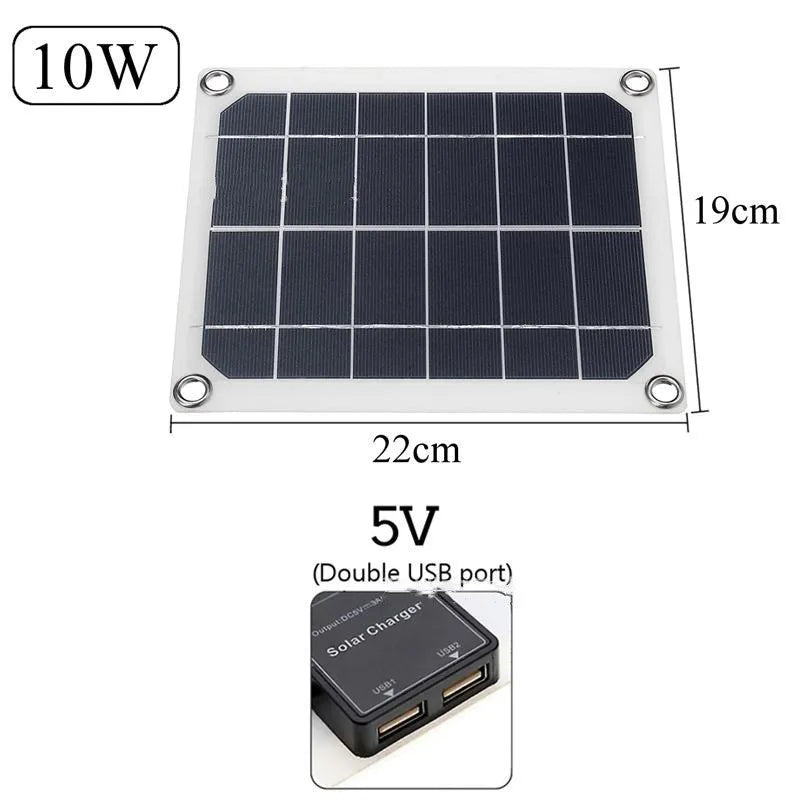 Polysilicon solar panel with dual USB ports for outdoor charging of mobile phones and tablets.