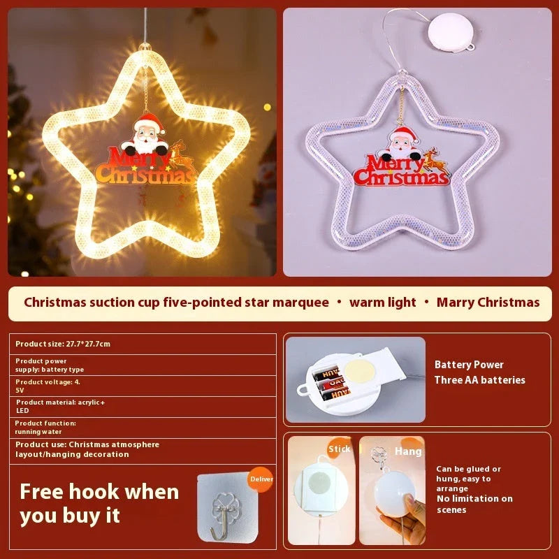 Festive LED Christmas star pendant light with five-point design, perfect for holiday decorations on windows, doors, and more