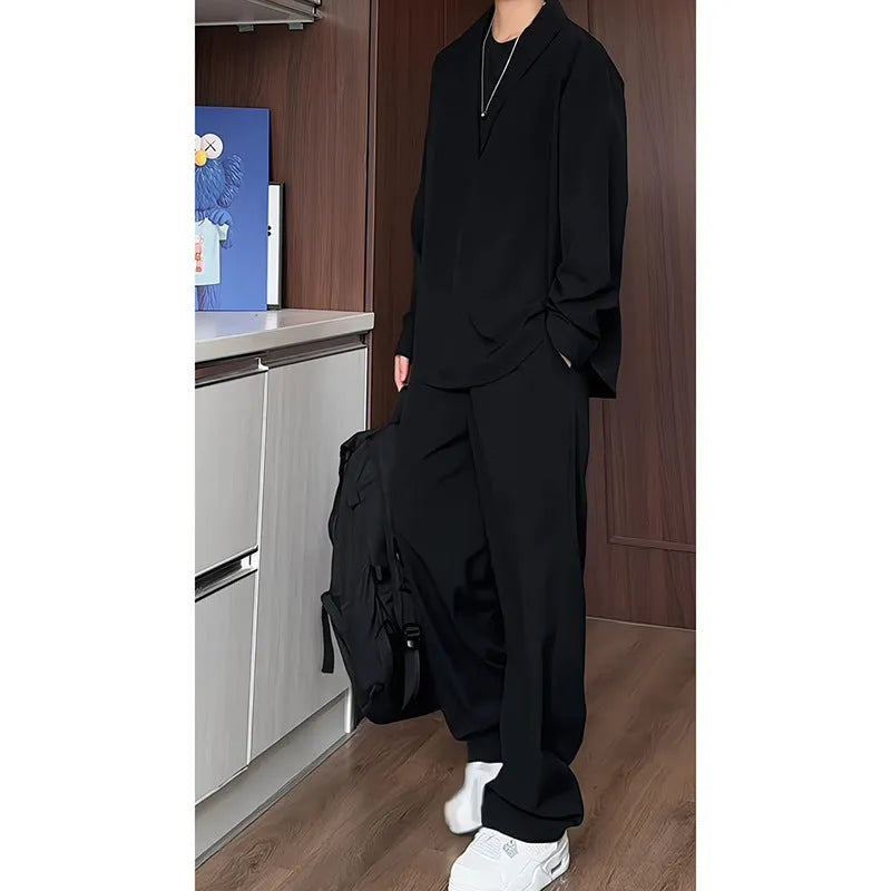 Men's black slim fit polo shirt and trousers set made from four-sided elastic hemp fabric