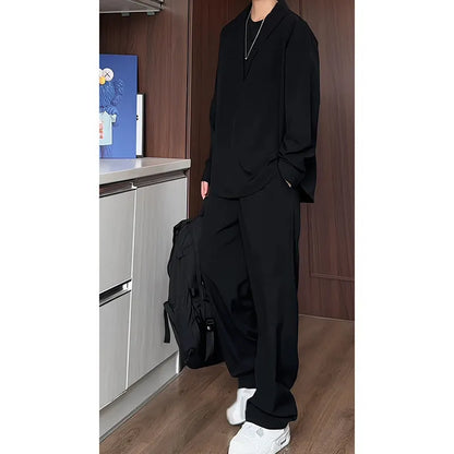 Men's black slim fit polo shirt and trousers set made from four-sided elastic hemp fabric