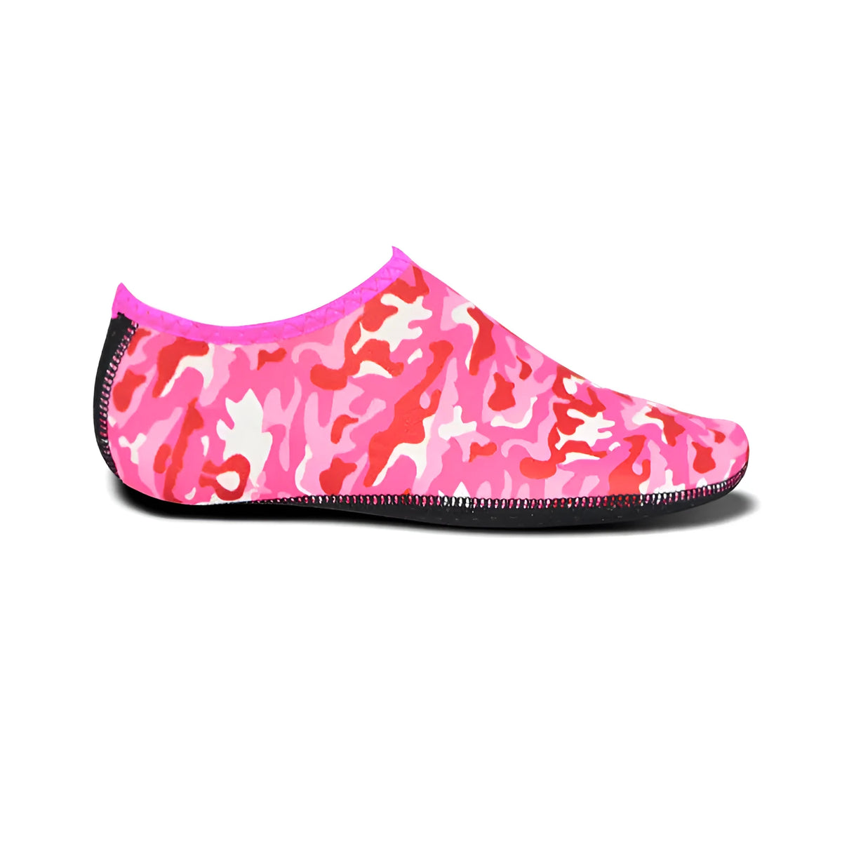 Pair of snorkeling diving socks in camouflage red, 2.5mm rubber and Lycra, non-slip sole, shown flat.