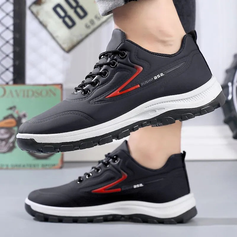 Black and red waterproof leisure sports shoes with PU upper and plastic sole