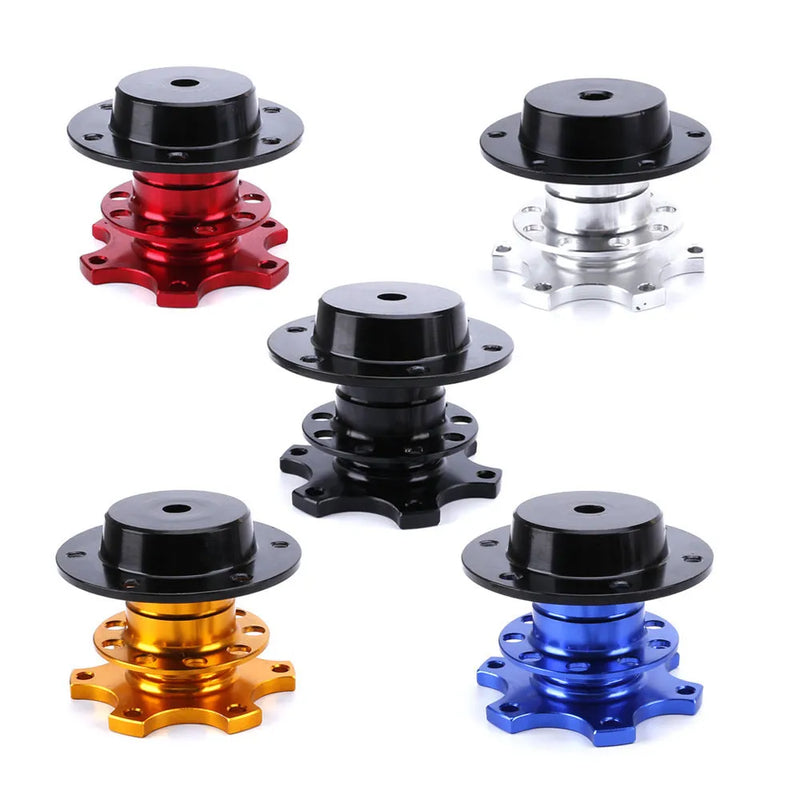 Car quick release steering wheel adapter device for vehicle modification, compatible with most models, available in black, red, blue, silver or gold colour finishes for custom automotive builds and racing applications