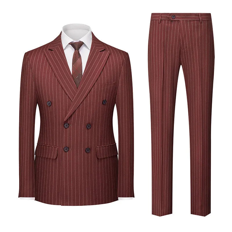 Men's striped double-row two-button business suit in slim fit with trousers