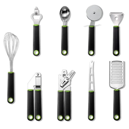 Nine-piece kitchen utensil set with stainless steel heads and plastic handles in four colour variations