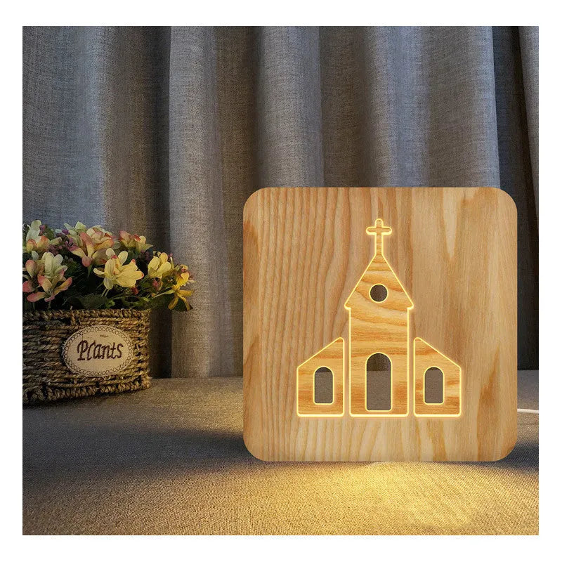 Solid wood hollow night lamp with warm white LED light showing wooden construction and compact dimensions