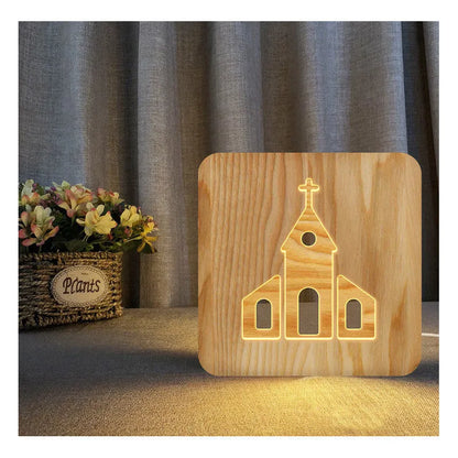 Solid wood hollow night lamp with warm white LED light showing wooden construction and compact dimensions