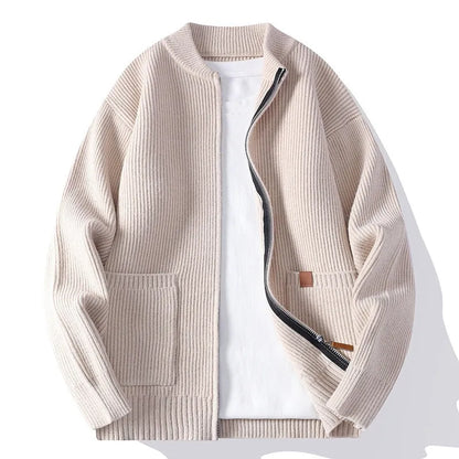 Men's straight-fit striped cardigan jacket in a Vinylon-blend knit, shown in one of five colour options.