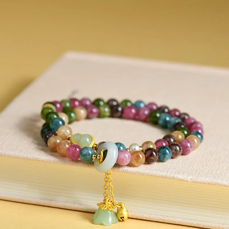 Natural chalcedony double circle bracelet with geometric design and 6-6.5mm beads