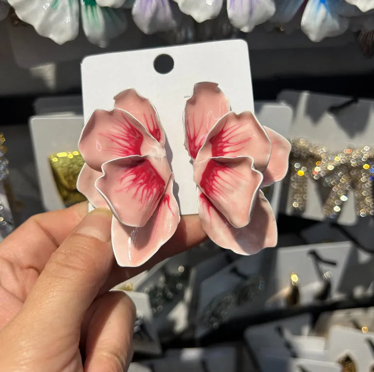 Alloy flower stud earrings with oil-spot glaze electroplating in blue, green, purple, and rose colour options