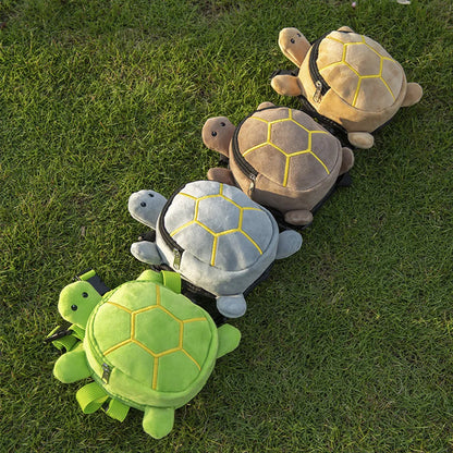 Brown cartoon turtle-shaped dog backpack with no-pull vest harness and metal zipper.