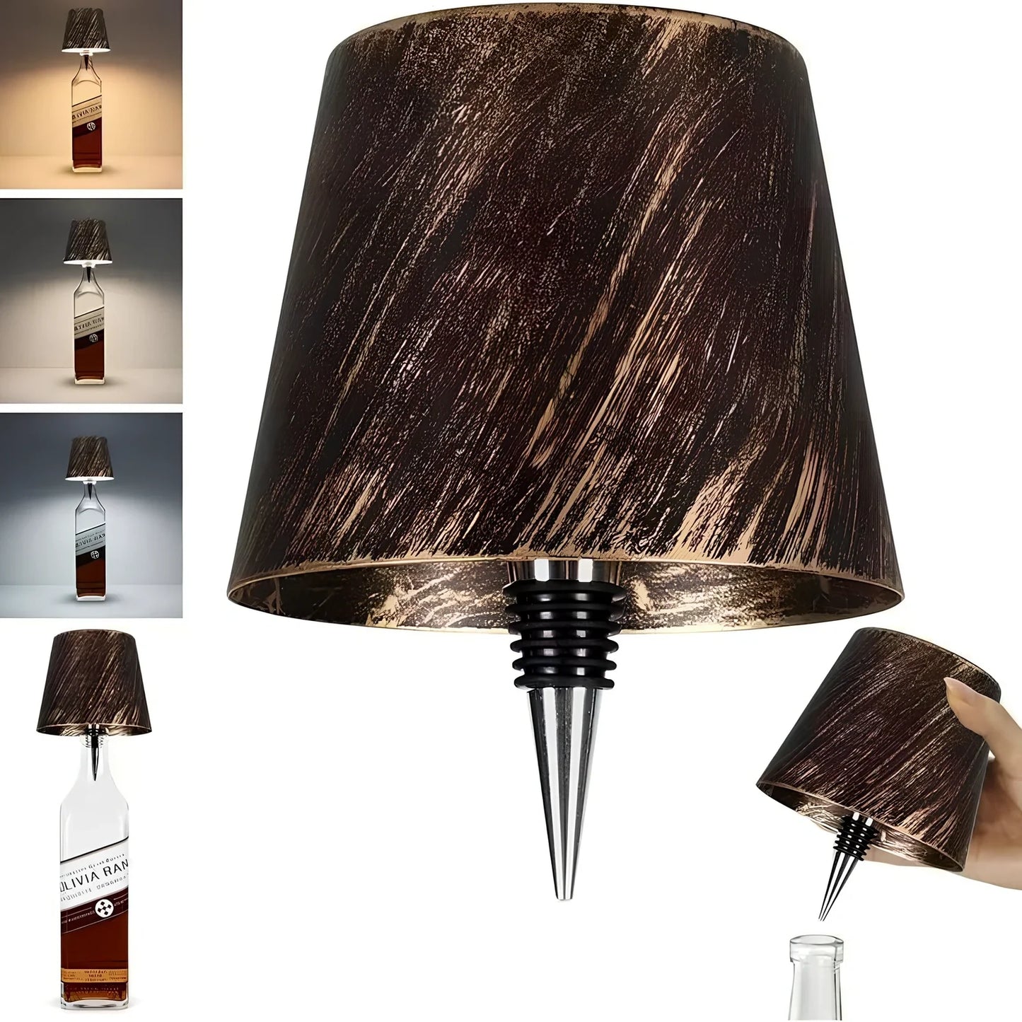 White and black LED wine bottle table lamps with USB charging and dimmable lighting on wooden surface