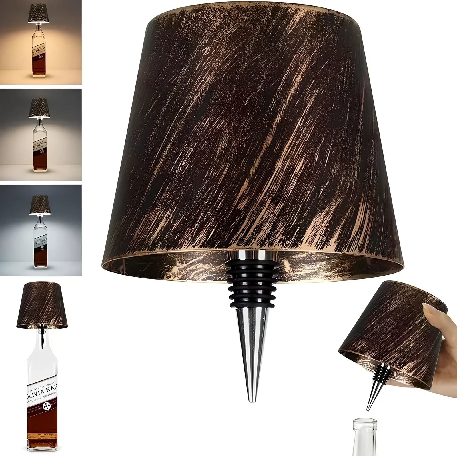 White and black LED wine bottle table lamps with USB charging and dimmable lighting on wooden surface