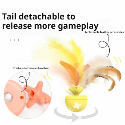 Blue USB rechargeable electric cat teasing ball with fish bone attachments and a separate feather teasing stick.