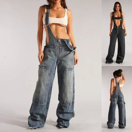 Y2K-inspired denim overalls with pockets, relaxed fit suspender jumpsuit in various colors