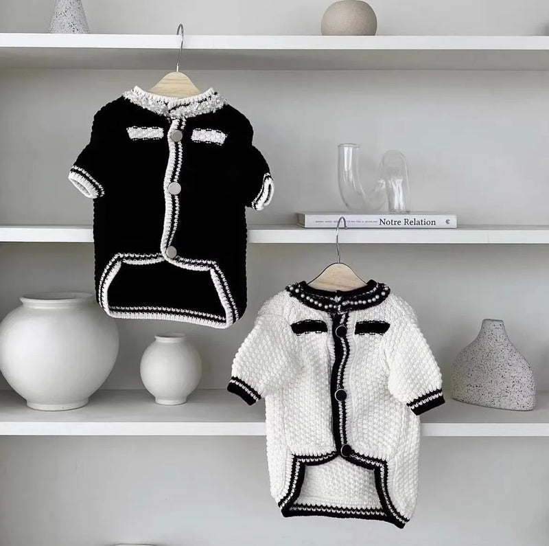 Korean style dog sweater with pearl collar, princess style pet clothing in polyester fibre for small dogs, sizes XS to XL available in classic black or white