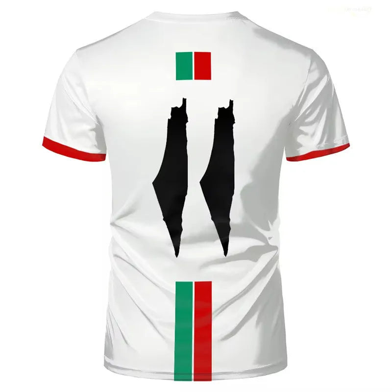 Black 3D printed football T-shirt with stereo pattern on spandex fabric, showing half-sleeve design and regular fit