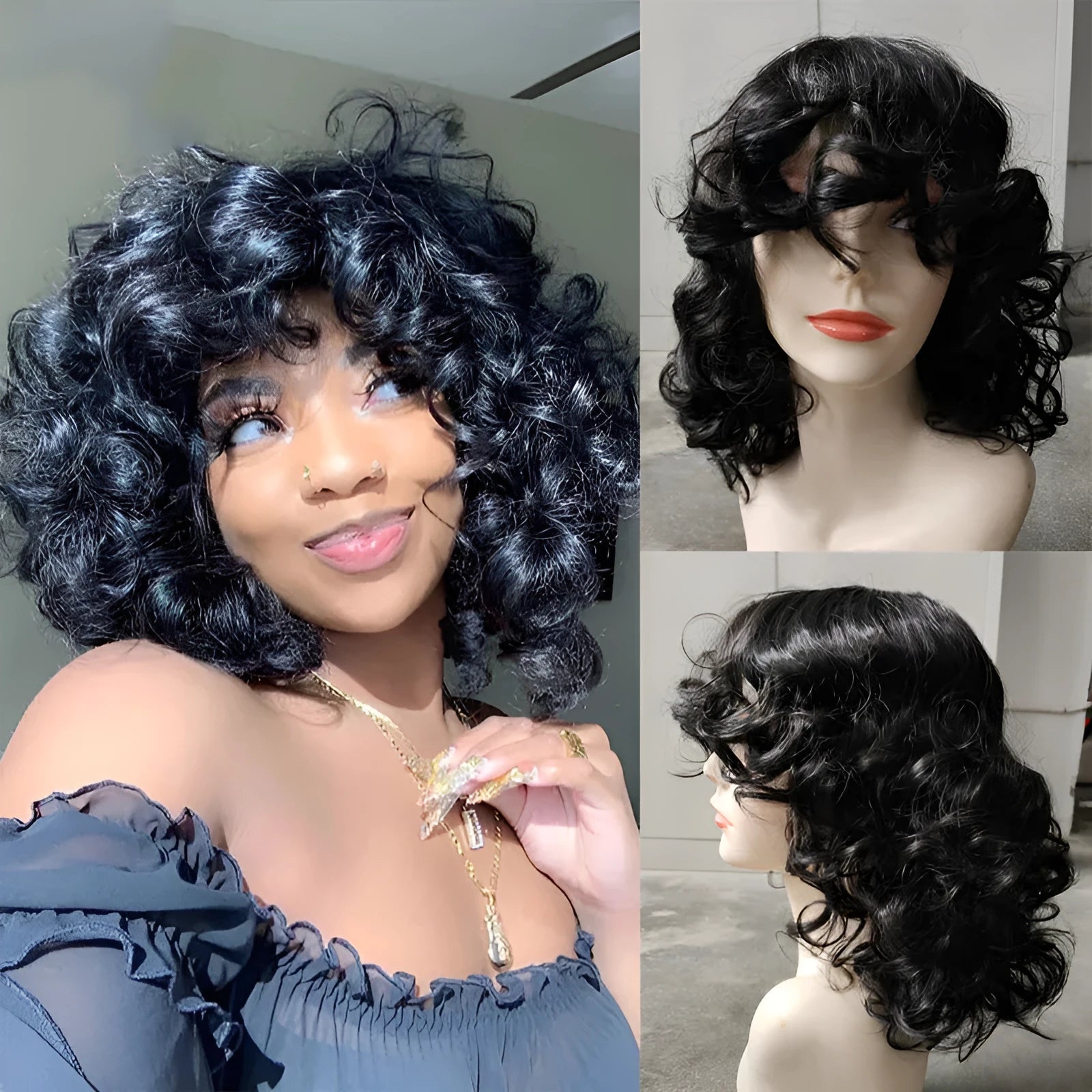 Black synthetic Afro wig with long curly texture on display stand